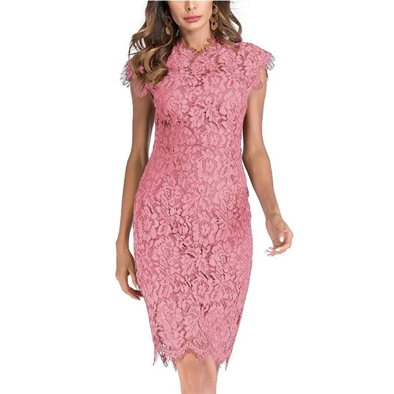 Summer Lace Dresses Solid Color Lapel Collar Pack Butt Midi Pencil Dresses