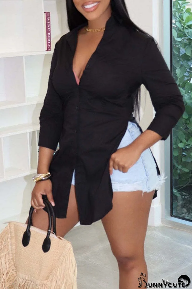 Black Casual Solid Patchwork Buckle Asymmetrical Turndown Collar Tops