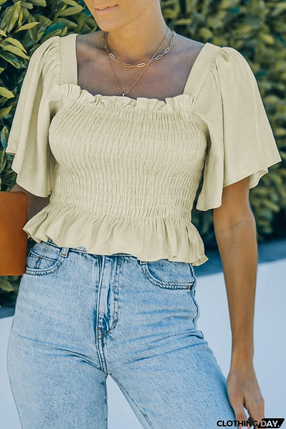 Apricot Butterfly Sleeve Smocked Top with Ruffle