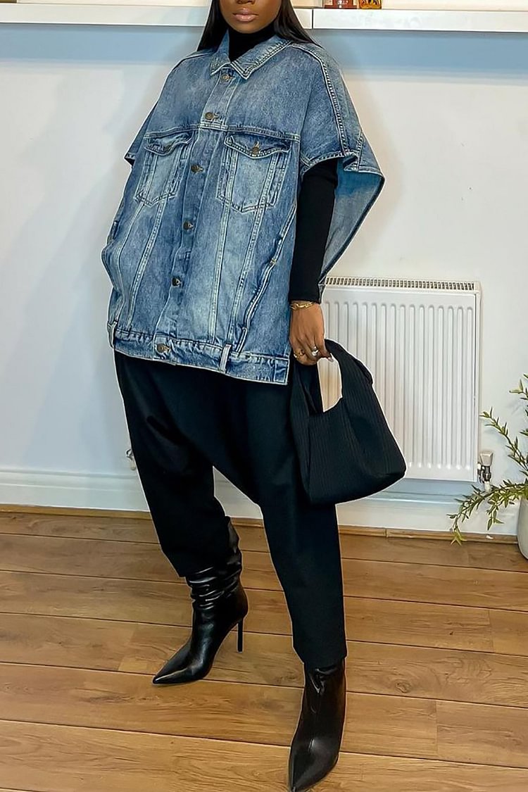 Xpluswear Plus Size Casual Blue Single-Breasted Lapel Patch Pocket Irregular Slit Loose Denim Jacket [Pre-Order]