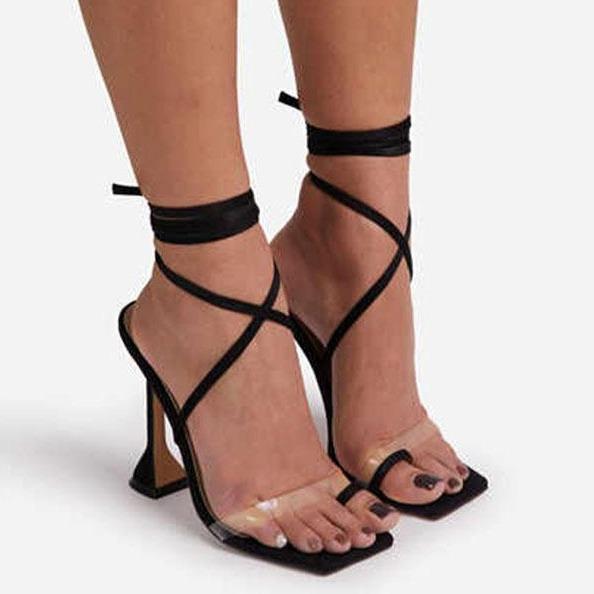 Women ring toe clear strap chunky lace up high heels