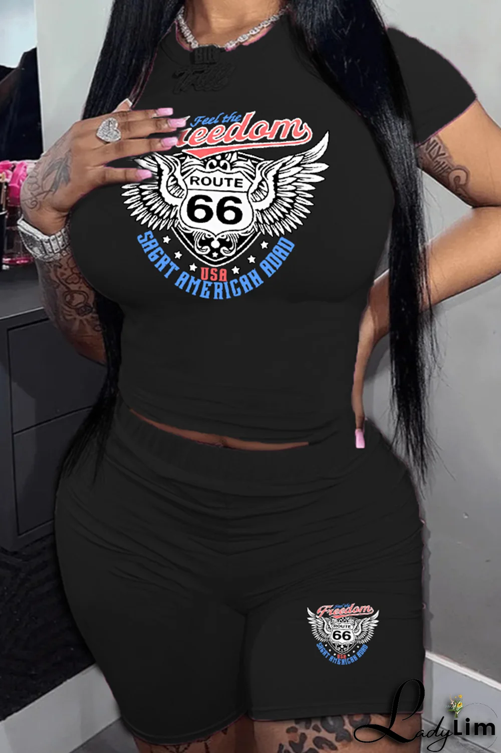 Orange Casual Print Patchwork O Neck Plus Size Two Pieces