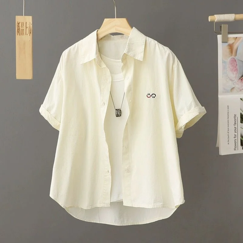 Athvotar Athvotar Korean Version Of Casual Smiley Face Embroidered Short-Sleeved Shirt Women 2025 Spring And Summer New Small Plaid Short Top