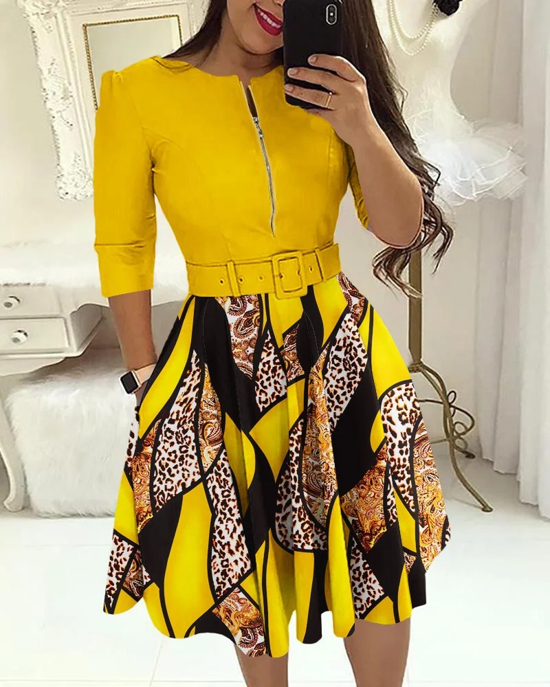 Uveng Uveng New Round-Neck Printing Belt Fashion Casual Commuter Dress Woman