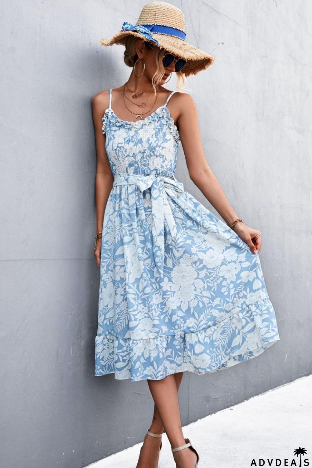 Floral Frill Trim Scoop Neck Spaghetti Strap Dress