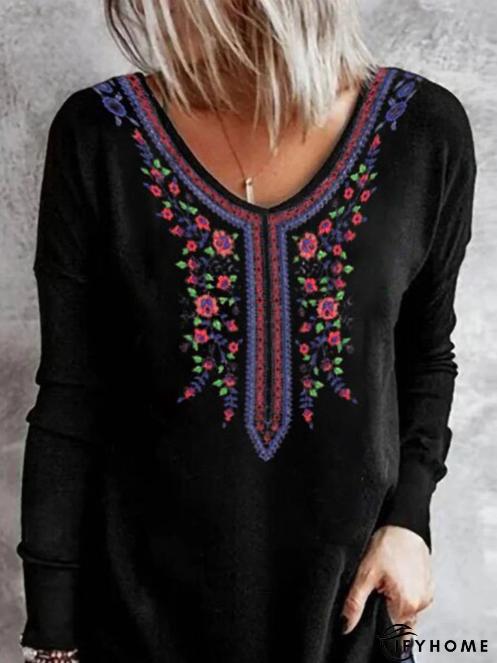 Ethnic V Neck Jersey Floral Tunic T-Shirt | IFYHOME