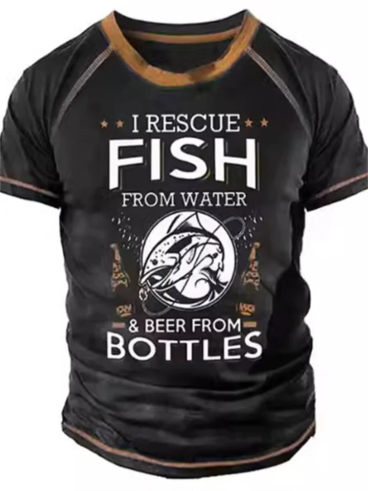 Men's Vintage Short-sleeved T-shirt Outdoor 3D T-shirt Round Neck Fishing Pattern T-shirt