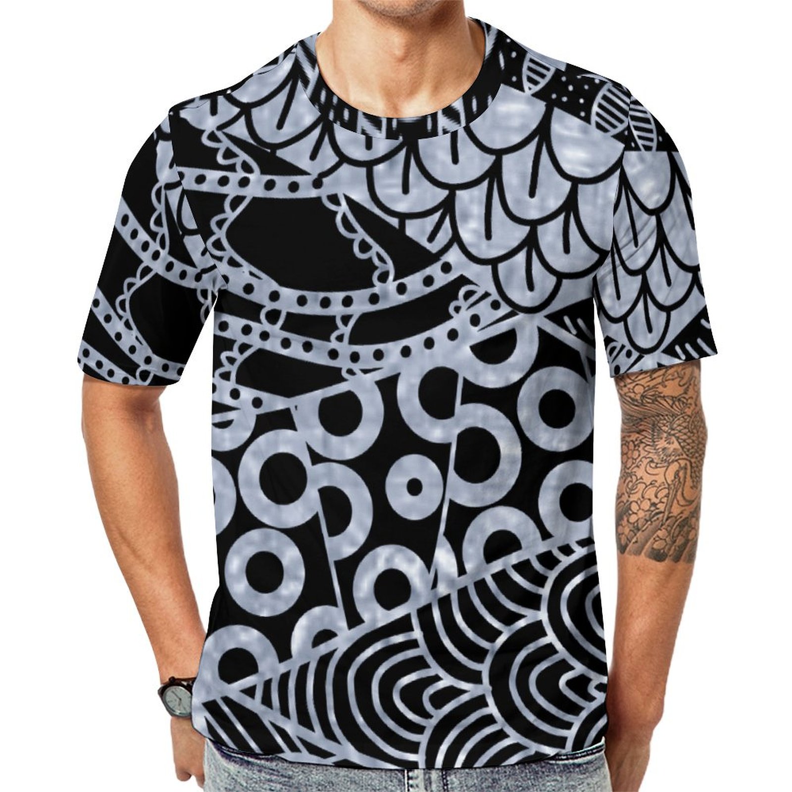 Elegant Silver Geometric Abstract Tribal Short Sleeve Print Unisex Tshirt Summer Casual Tees for Men and Women Coolcoshirts