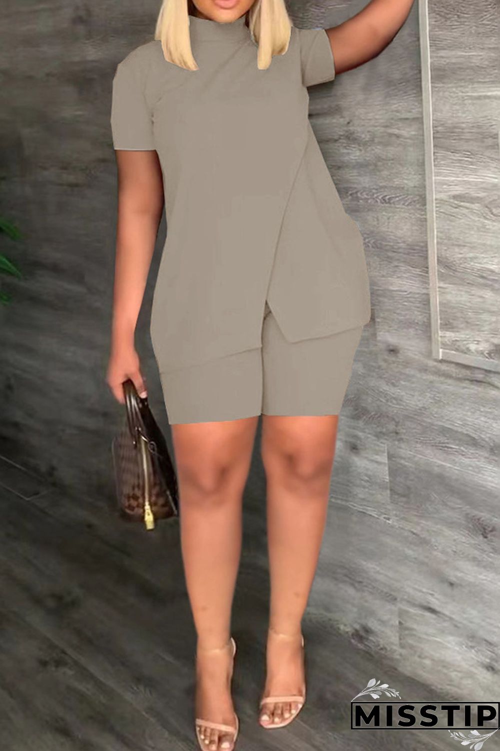 Black Casual Solid Patchwork Half A Turtleneck Short Sleeve Two Pieces