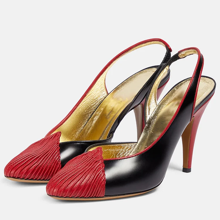 Black & Red Slingback Heels Women'S Classic Round Toe Shoes Summer Office  Stiletto Pumps