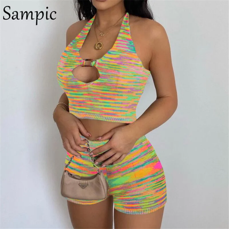 Sampic Casual Women Knitted Tracksuit Tie Dye Shorts Set Summer Halter Skinny Tops And Mini High Waist Shorts Two Piece Set