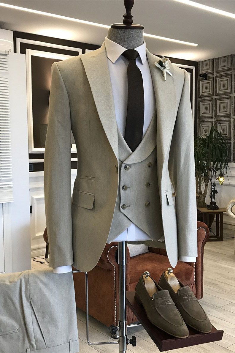 Oknass Three Pieces Light Brown Wedding Suit For Groom With Double Breasted 