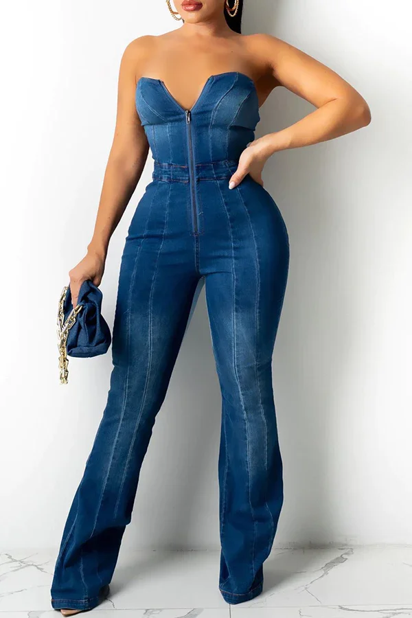 Guchioe Denim Sweetheart Neck Zipper Lacing Jumpsuit