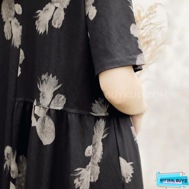 V-neck Loose Print Cotton Casual Summer Dress