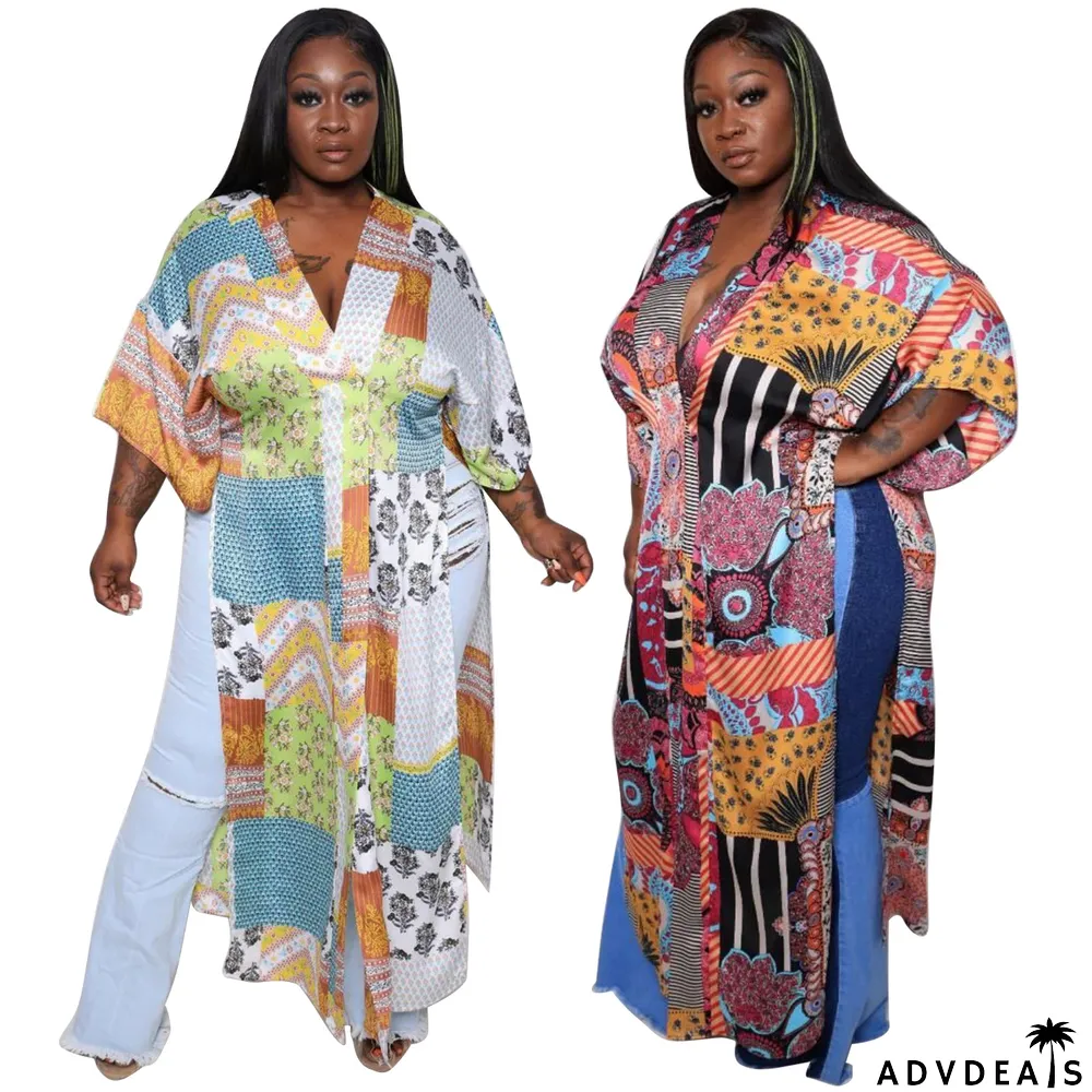Plus Size Printed V Neck Loose Vacation Maxi Dress
