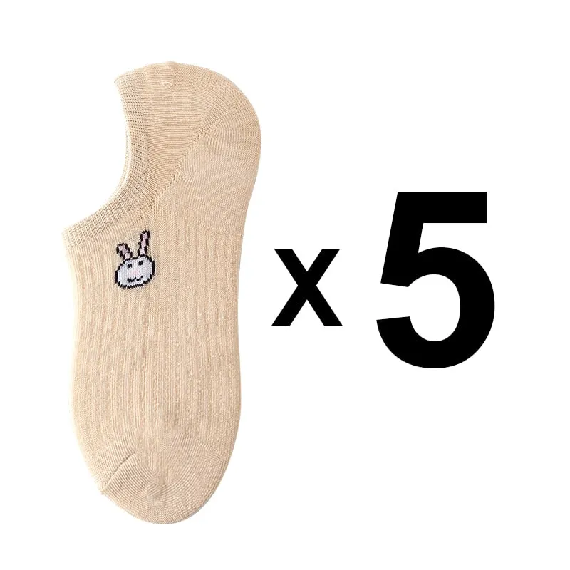 5 Pairs Kawaii Animal Print Women Socks Set Invisible Happy Fashion Ankle Funny Socks Set Girl Cotton Summer Slicone Non-slip