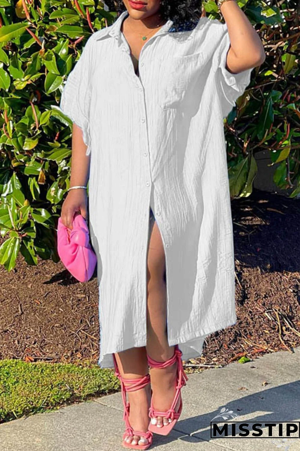 White Casual Solid Patchwork Turndown Collar Shirt Dress Dresses