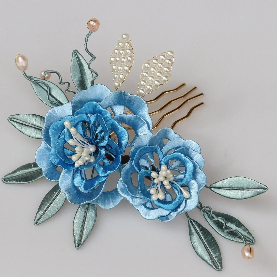 Silk Wrapped Flowers Pearl Hairpin Hanfu Headdress