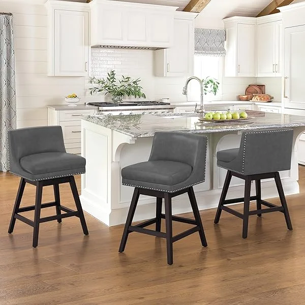 27'' Counter Height Bar Stools Set of 4, Upholstered Bar Stools for Kitchen Island, Swivel Modern Counter Stools with 5.5'' Thickened Cushion, Backs and Soild Wood Legs, Dark Grey 4 Dark Grey