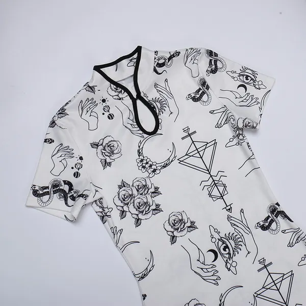 Womens Vintage Cheongsam Print Dress floral white short sleeve high waist skinny mini