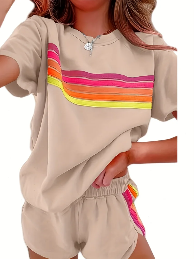 2pcs Casual Women's Clothing Set, Elevate Your Style With Our Chic Color-Block Shorts Set In White, Blue, Pink, Or Light Brown
