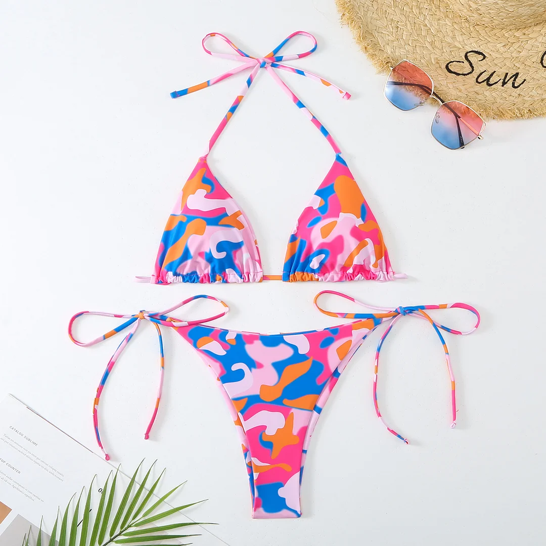 Brownm 2025 New Women's Split Color Sexy Tie Triangle Bikini Swimsuit