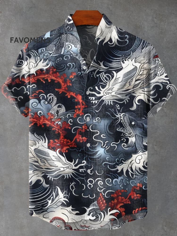Retro Ethnic Dragon Totem Print Casual 100% Cotton Shirt Multicolor / S