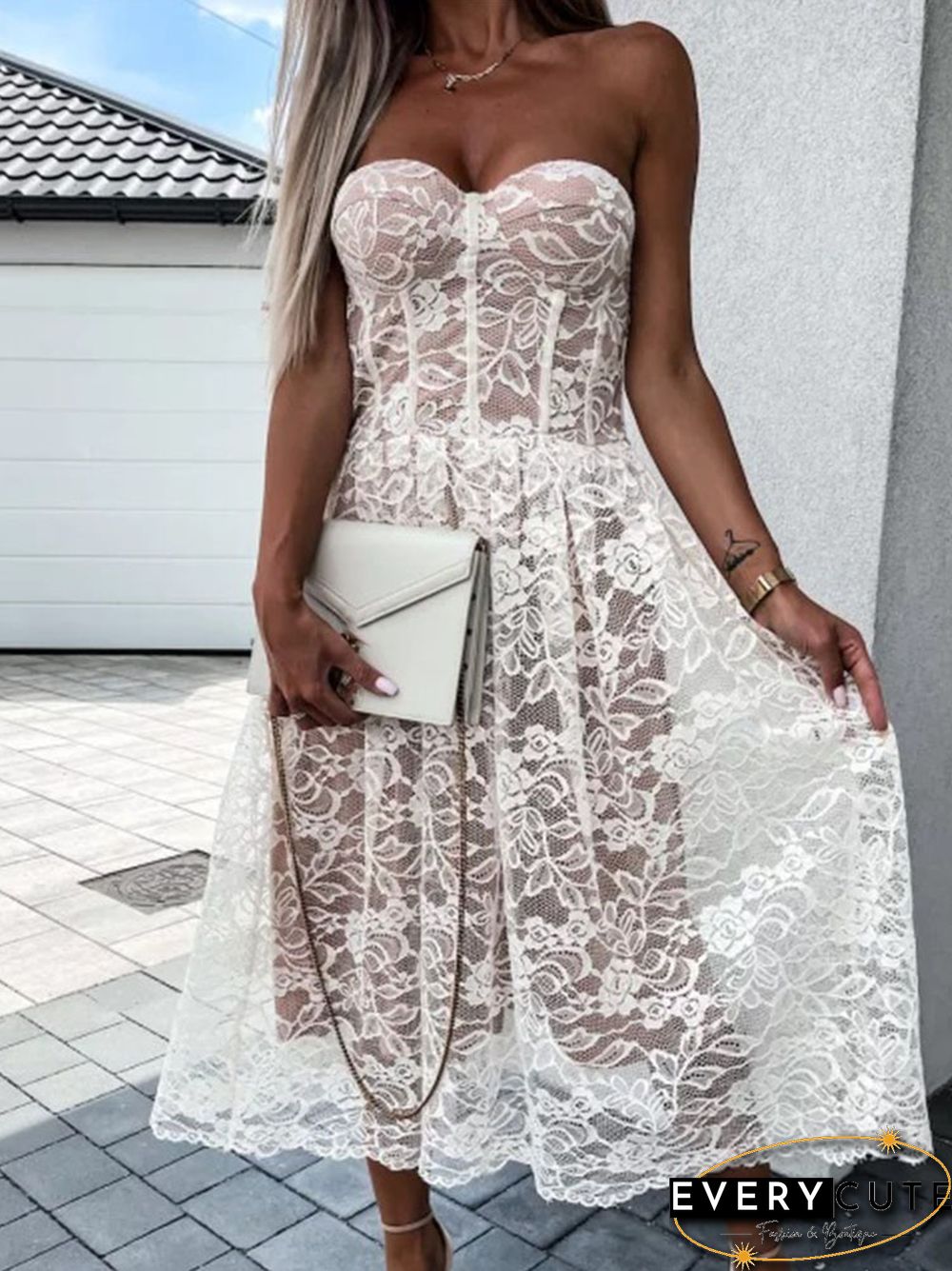 Elegant floral embroidery lace solid long dress women sexy off shoulder strapless waist