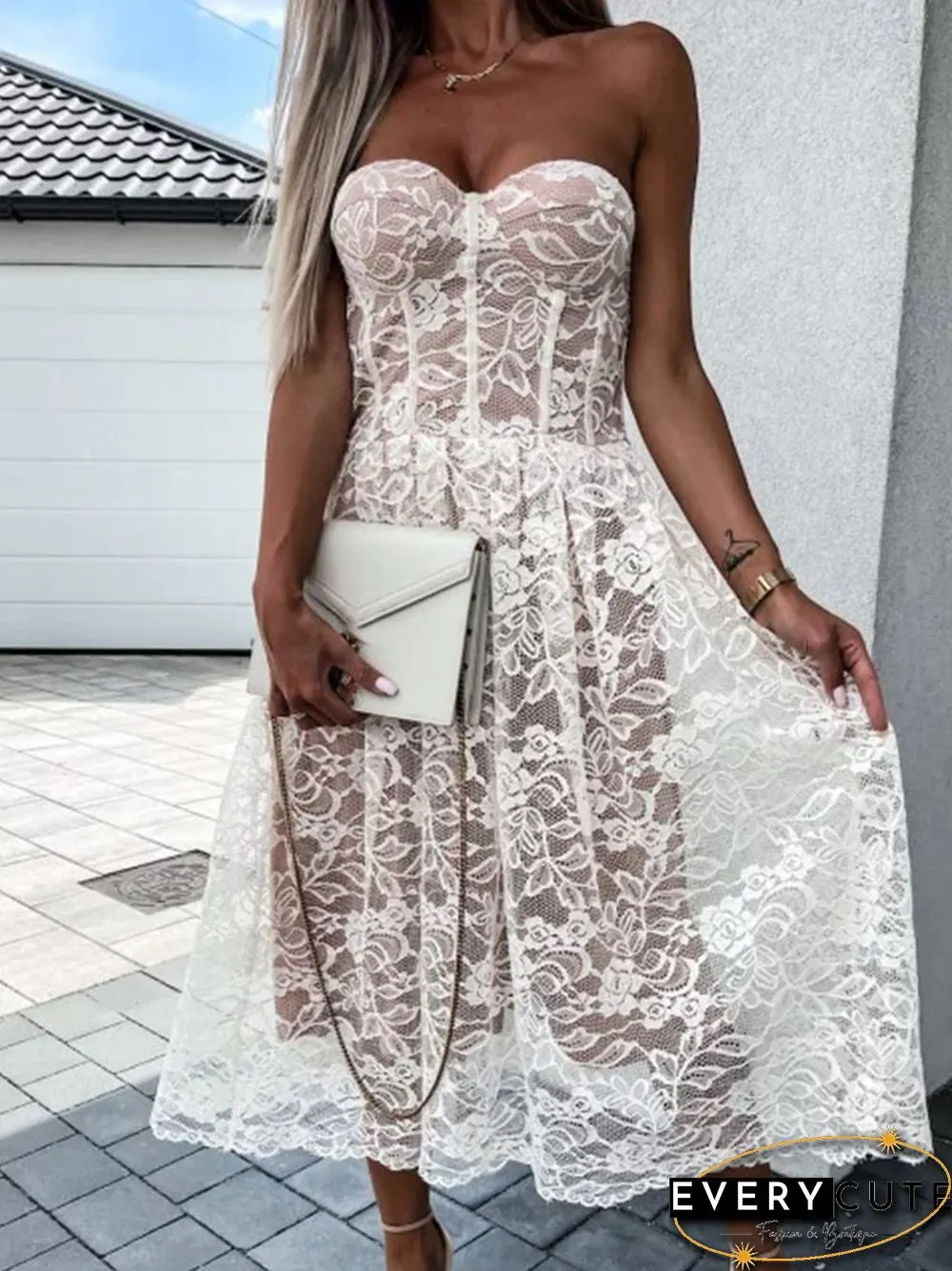 Elegant floral embroidery lace solid long dress women sexy off shoulder strapless waist