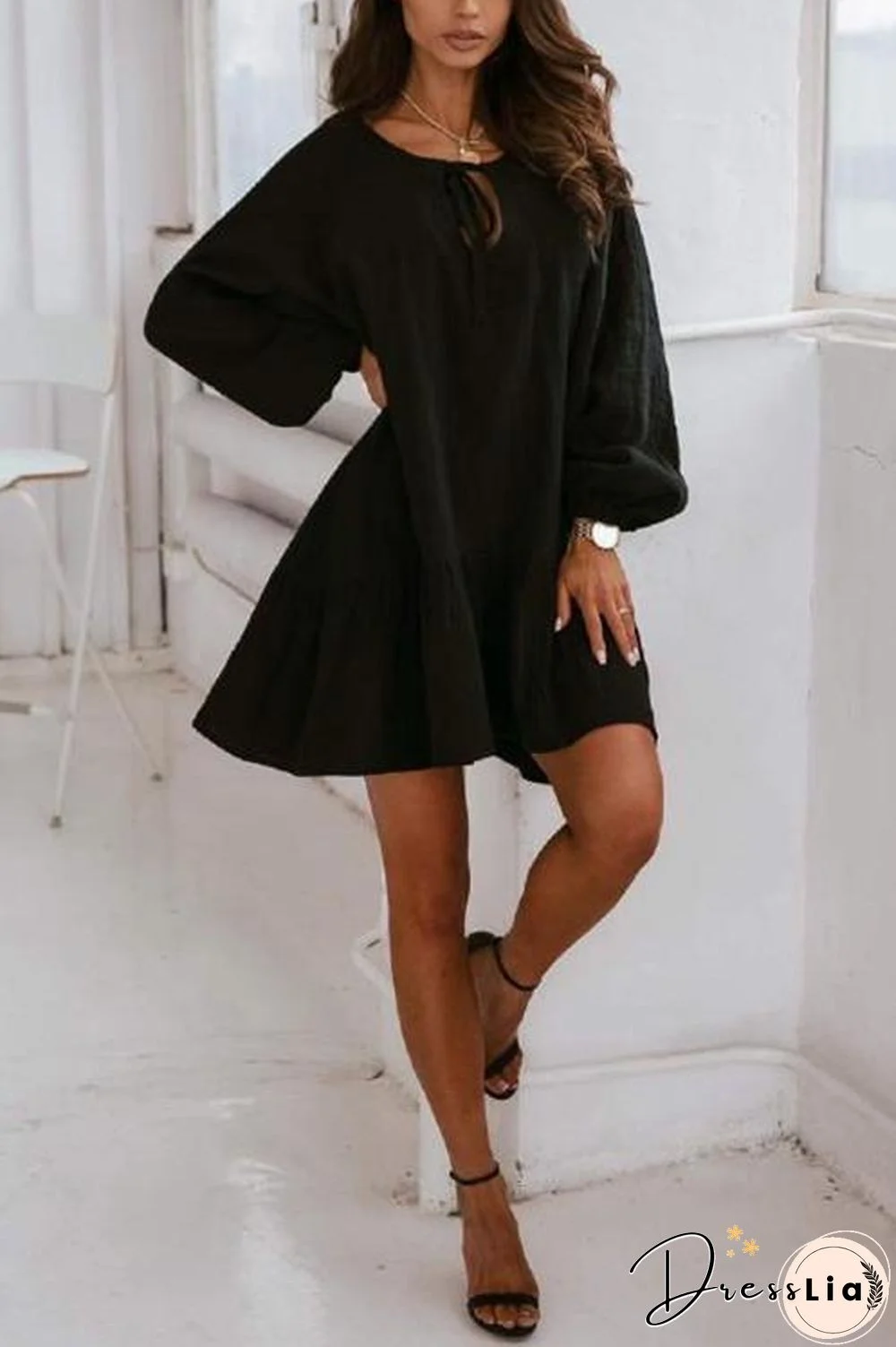 Linen Lace Up Puff Sleeve Mini Dress