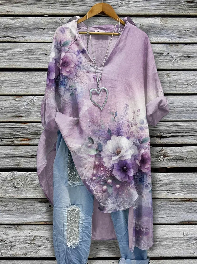 Women's Vintage Flowers Pattern Print Casual Cotton And Linen Shirtdress