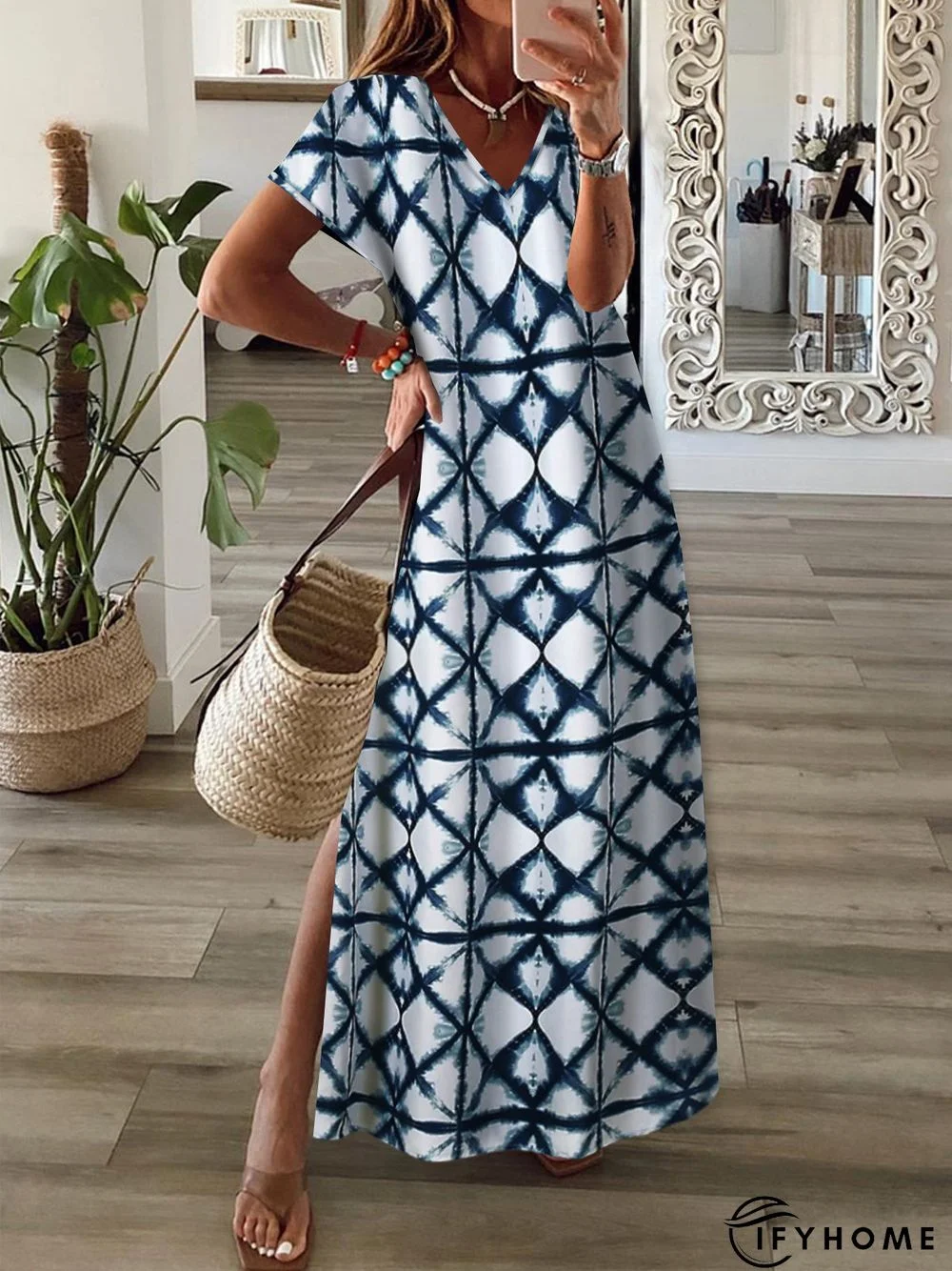 Vacation Boho Tribal Geometric Tie Dye Casual Loosen Slit V Neck Short Sleeve Long Knit Dress | IFYHOME