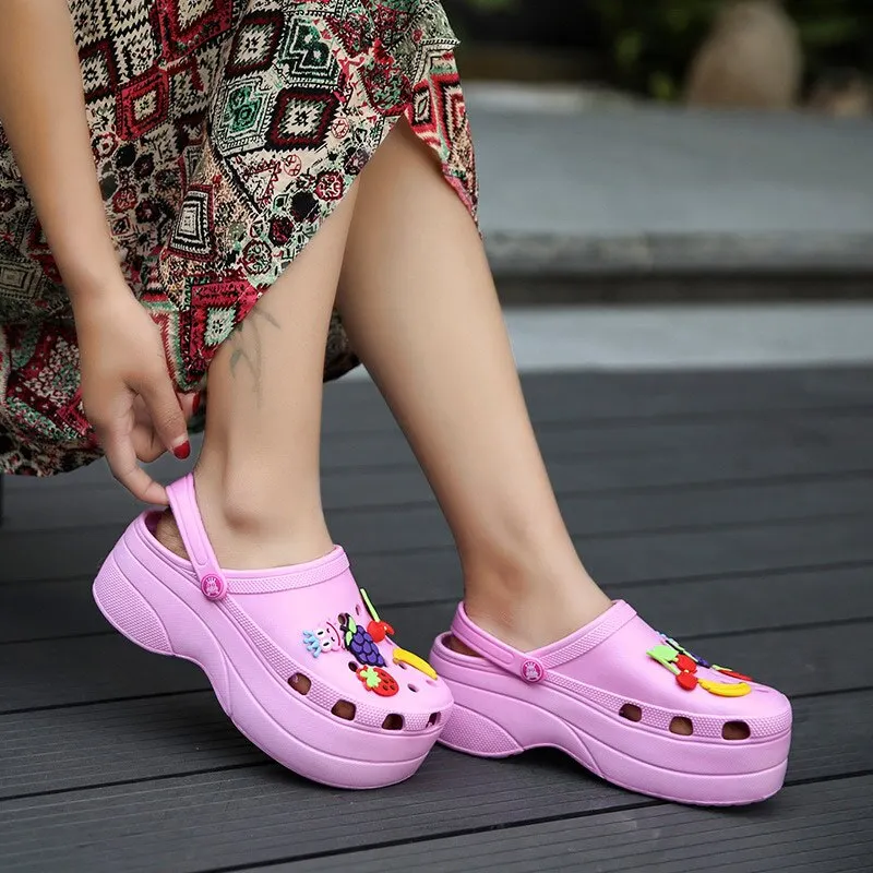 Summer Women Sandals Platform Garden Cartoon Fruit Slippers Slip on For Girl Beach Shoes Fashion Slides Outdoor Heels