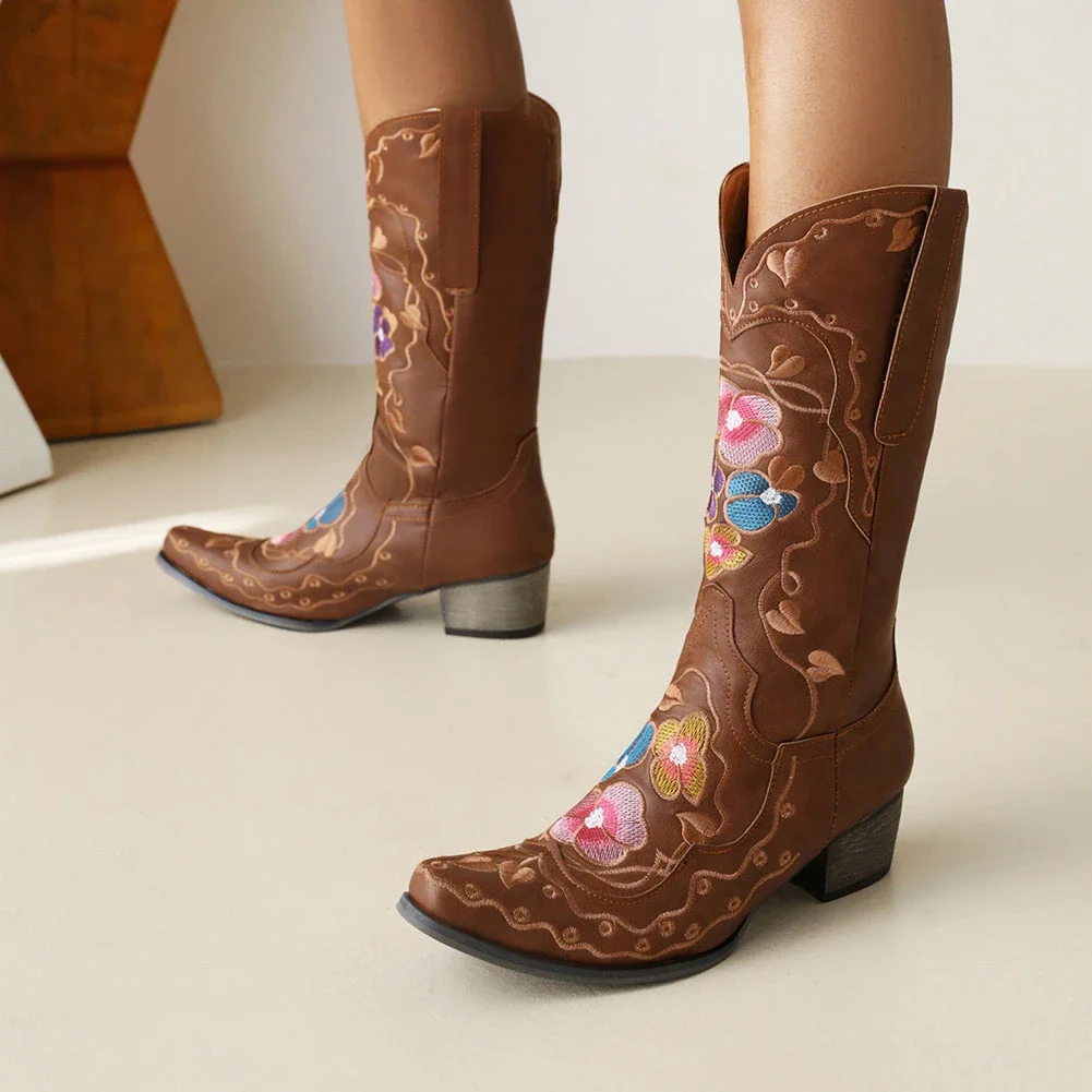 Qengg Female Vintage Cowboy Embroidery Top Quality Chunky High Heels Western Women Boots Fashion Cowgirls Autumn Boots