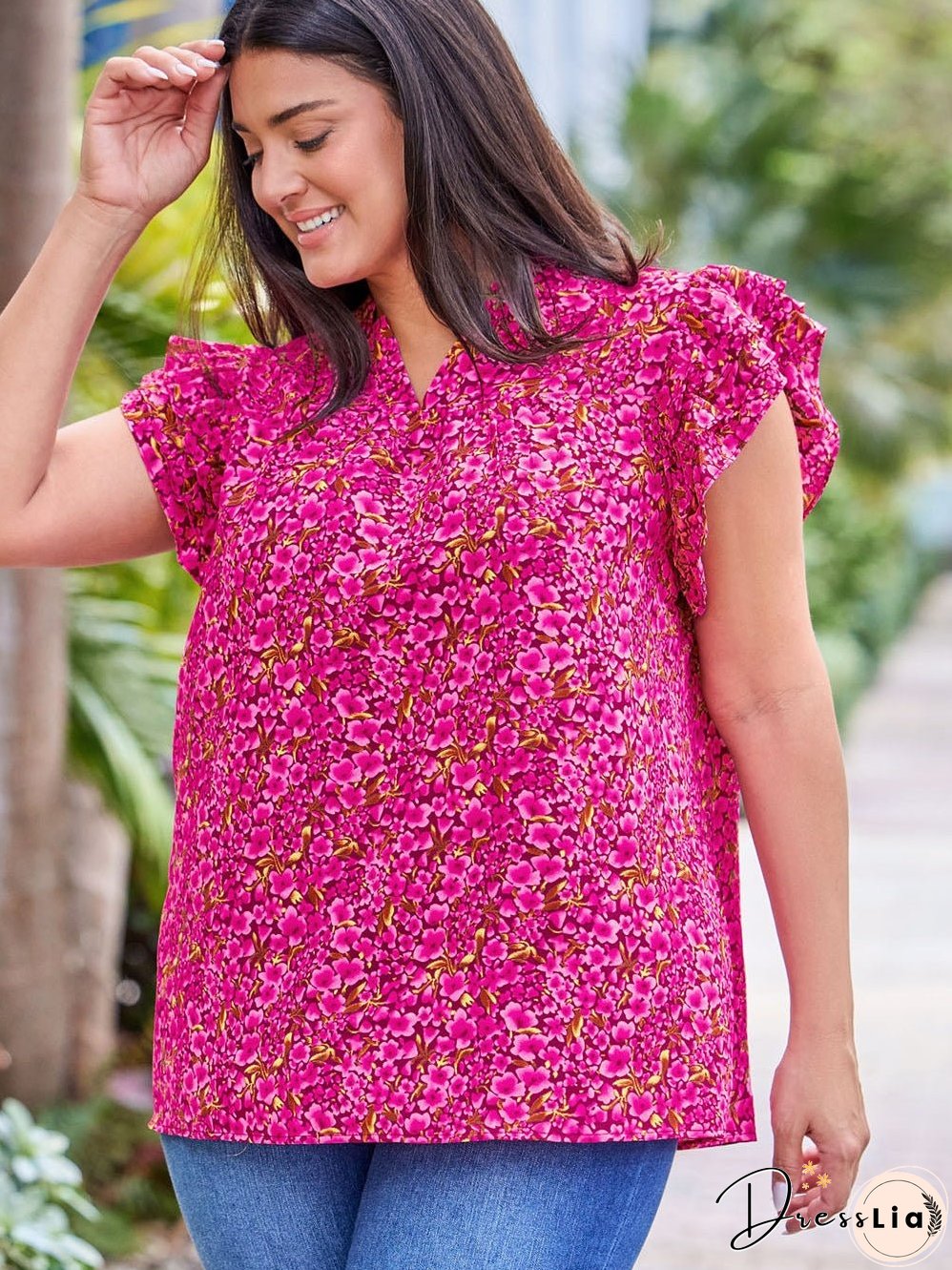 Rose Floral Print Ruffle Sleeve Plus Size Shift Top