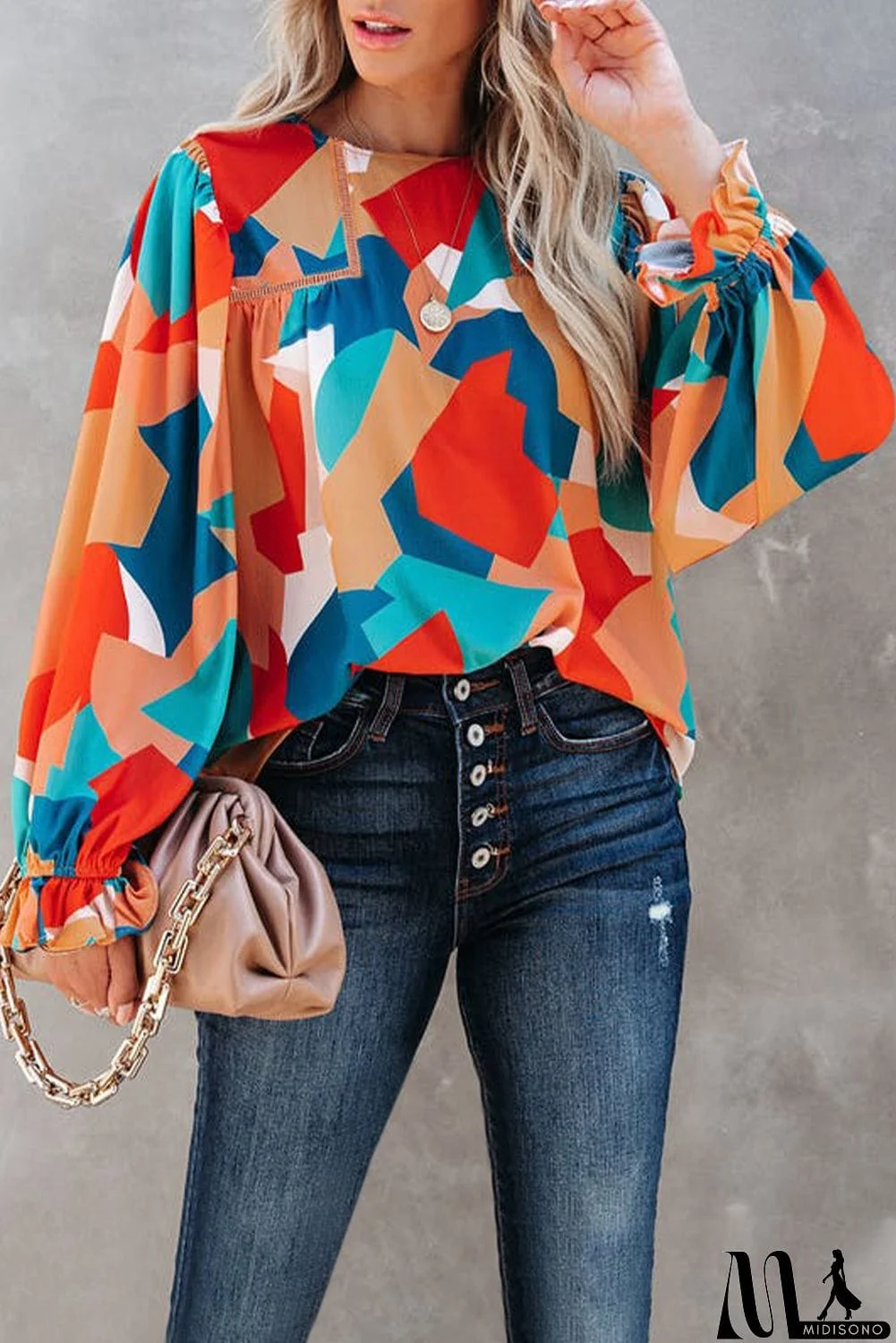 MidiSono - Abstract Pattern Crewneck Ruffled Puff Sleeve Blouse