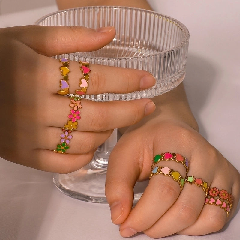 Retro IG Style Heart Shape Flower Titanium Steel Enamel Plating Stainless Steel Rings