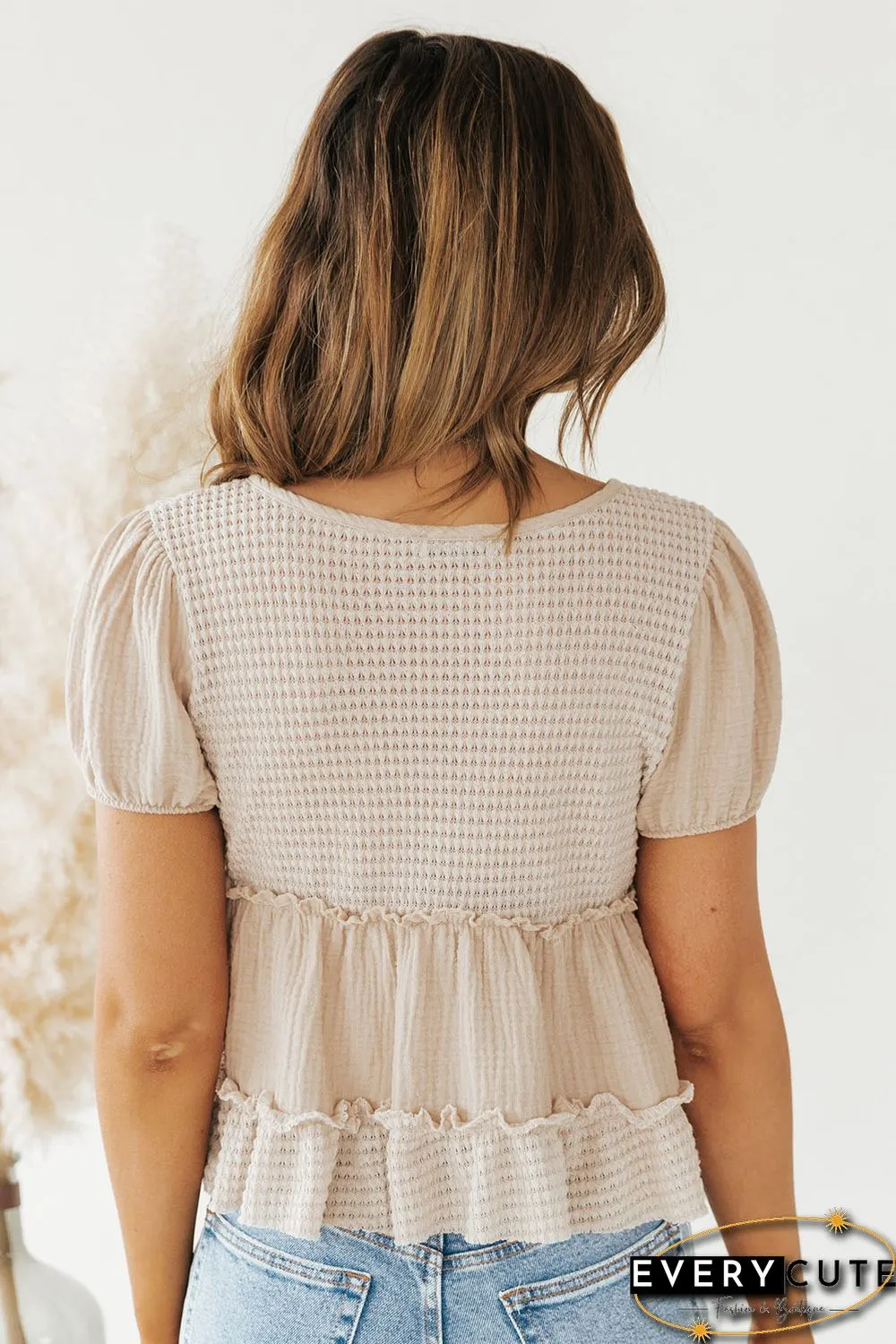 Khaki Waffle Patchwork Frilled V Neck Blouse