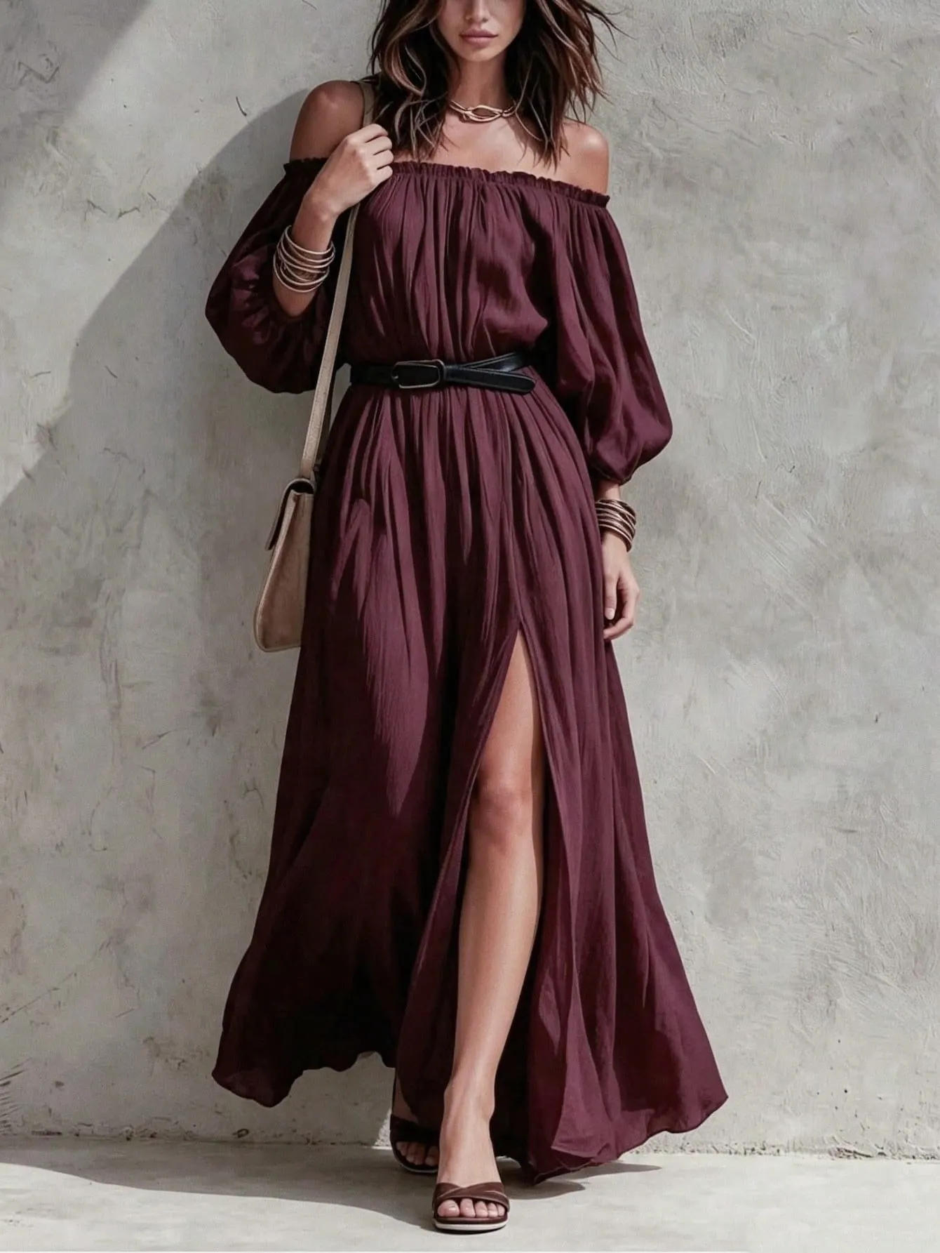 Women's Puff Long Sleeve High Slit Flowy Bohemian Party Beach Long Dress