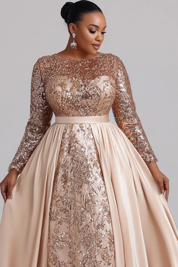 Xpluswear Design Plus Size Formal Sequin Champagne Round Neck Long Sleeve With Skirt Overlay Elegant Satin Maxi Dresses [Pre-Order]