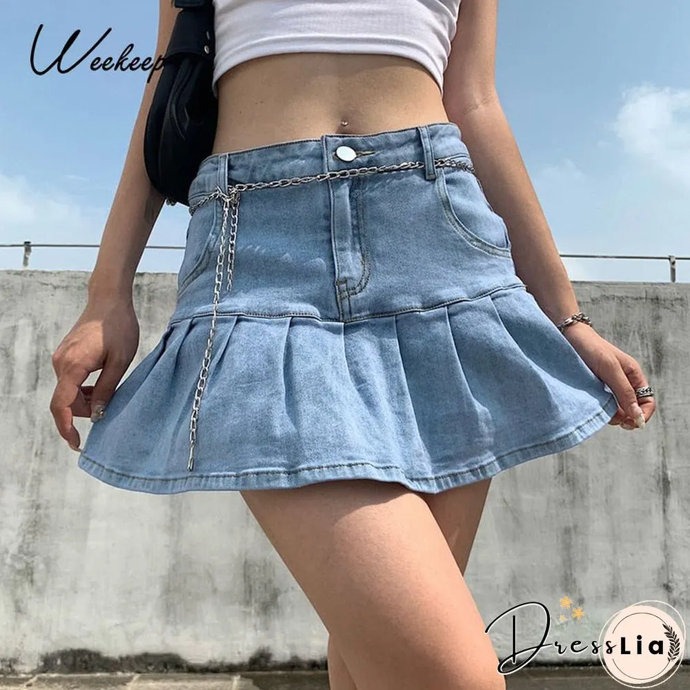 Womens Denim Skirts High Waisted Fashion Pleated Super Short Skirt Sexy Rave Party Club
