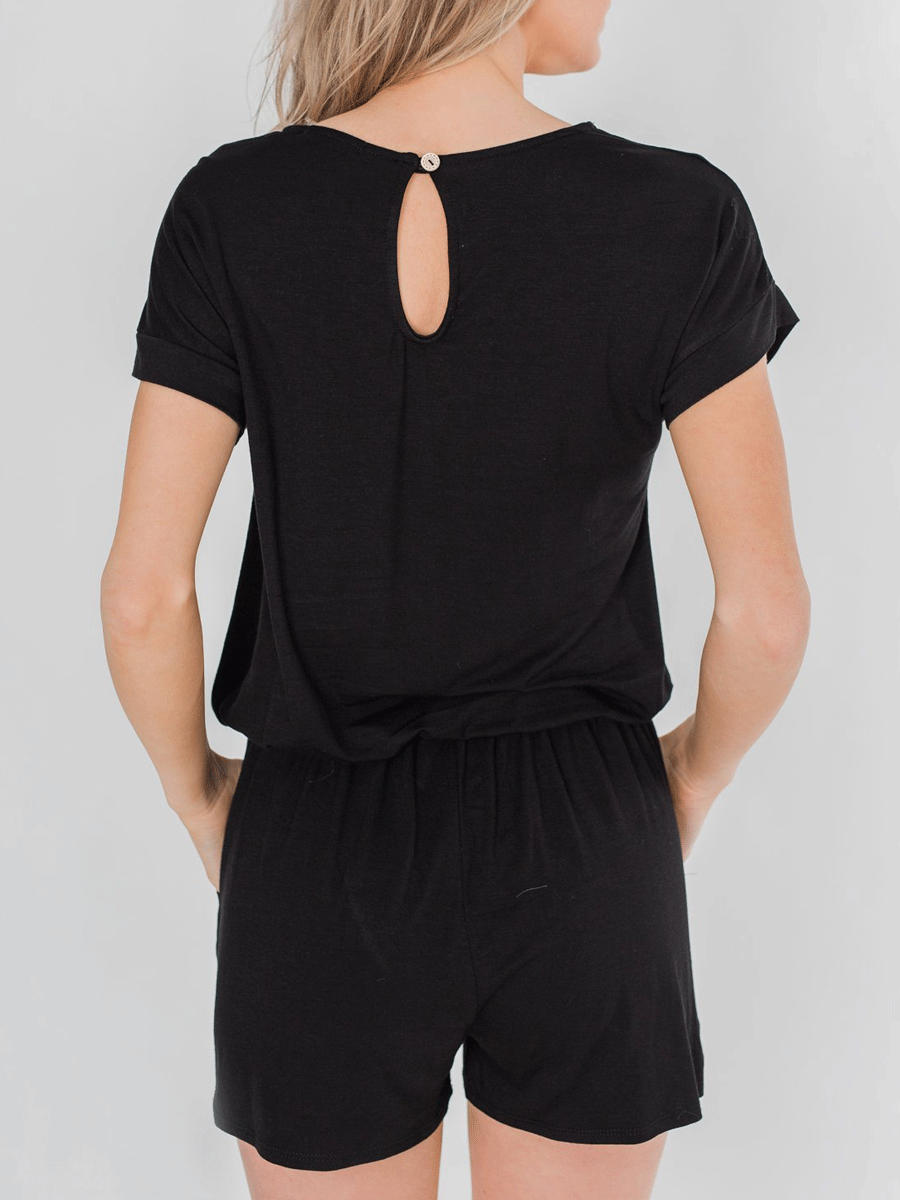 Short Sleeve Romper With Elastic Waist Tie