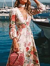 Floral Print Deep V-Neck Long Sleeve Empire Fashion Maxi Dress