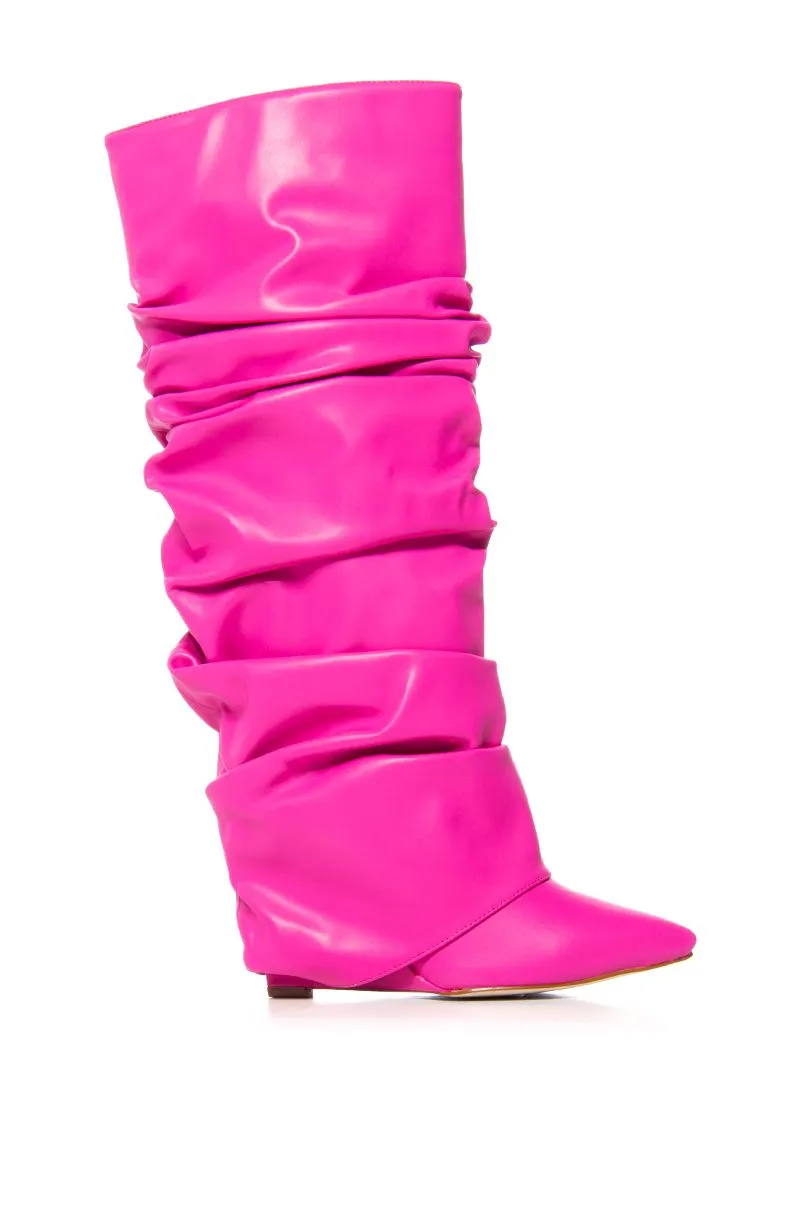 VCSHOES Women&lsquo;s Pointed Toe Knee High Boot Wedge Metallic High Heel Thigh High Boot Patent Leather Folds Long Boots 44