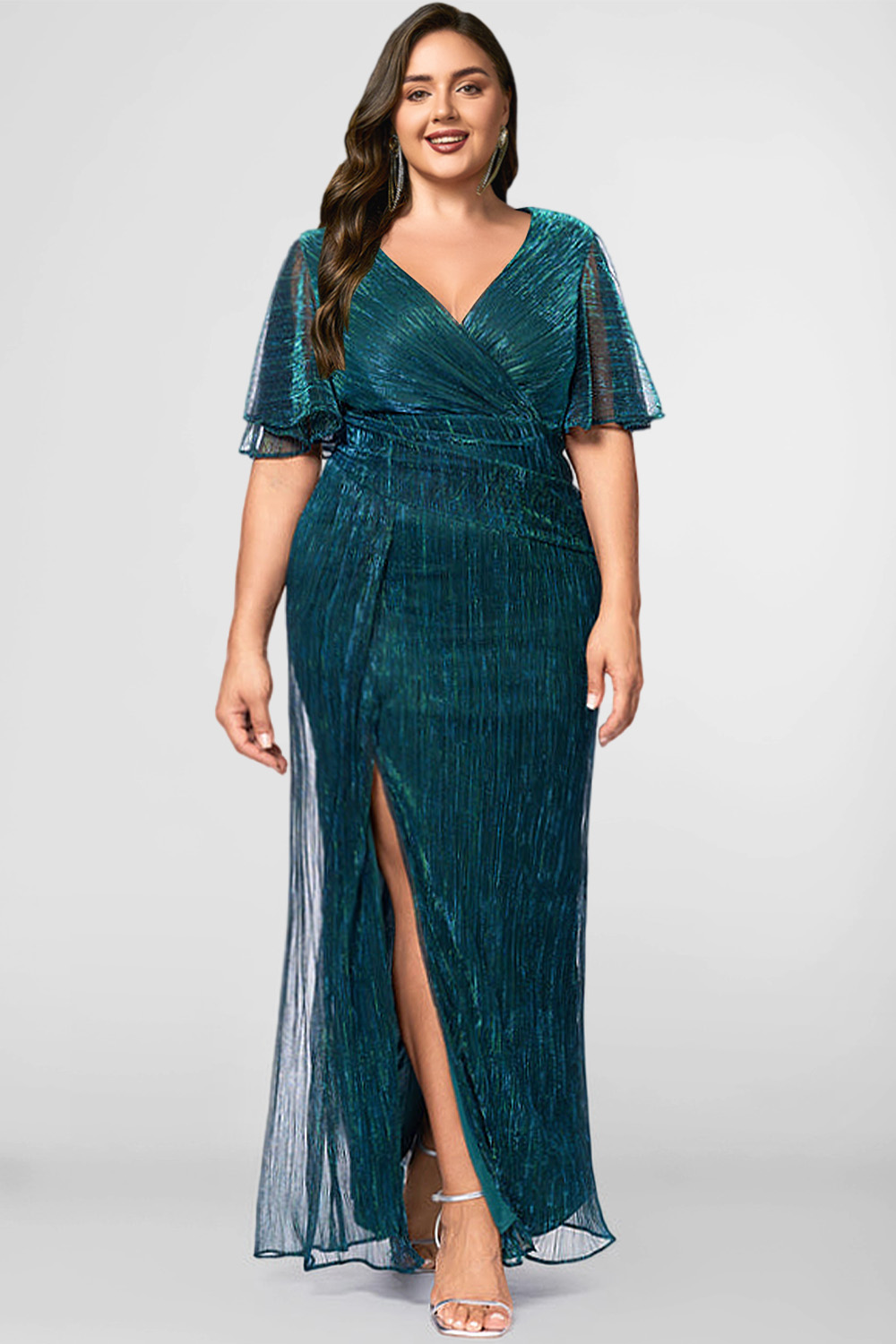 Flycurvy Plus Size Formal Peacock Blue Metallic Wrap Slit Flutter Sleeve Bodycon Maxi Dress