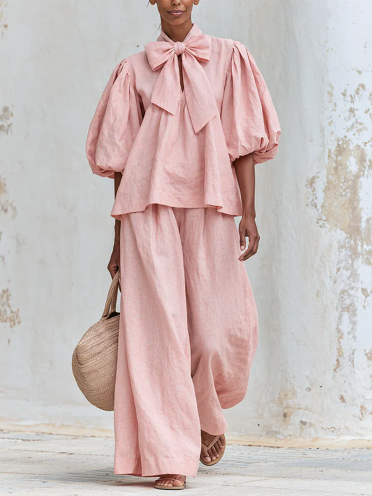 Bow Neck Puff Sleeve Linen Top & Wide Leg Pants Two-Piece Set