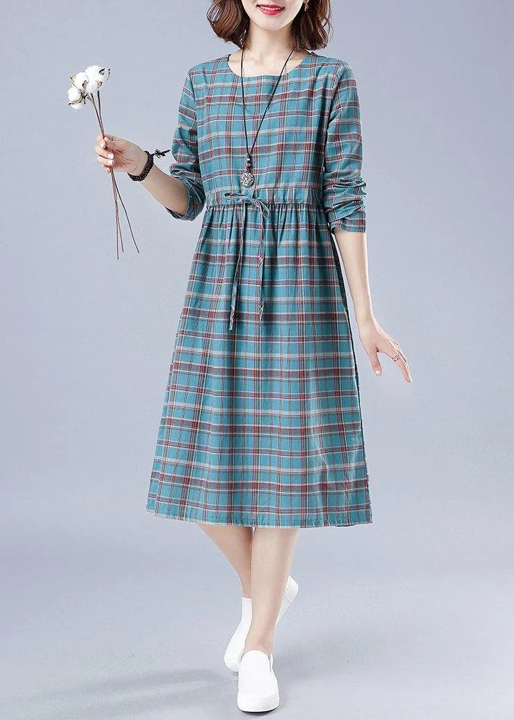 Unique O Neck Drawstring Spring Dress Runway Blue Plaid Dresses