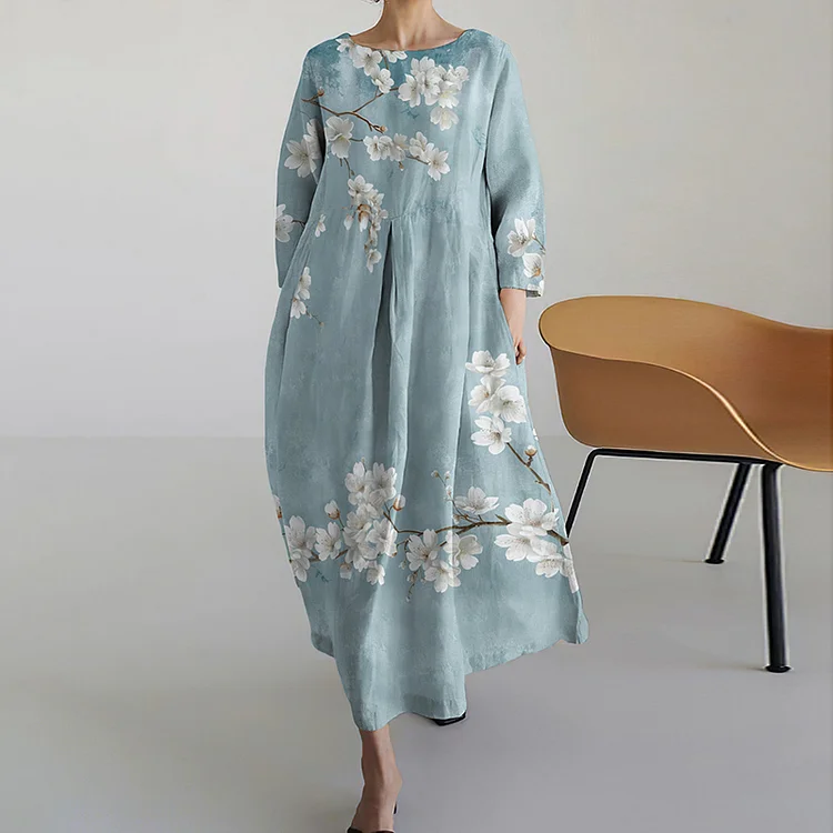 VChics Women's Loose Blossom Printed Cotton Linen Crew Neck Maxi Dress