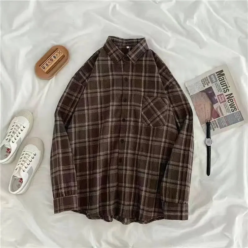 Aonga - Vintage Plaid Shirts Women Autumn Long Sleeve Oversize Button Up Shirt Korean Fashion Casual Fall Outwear Tops Blusas Mujer 2024