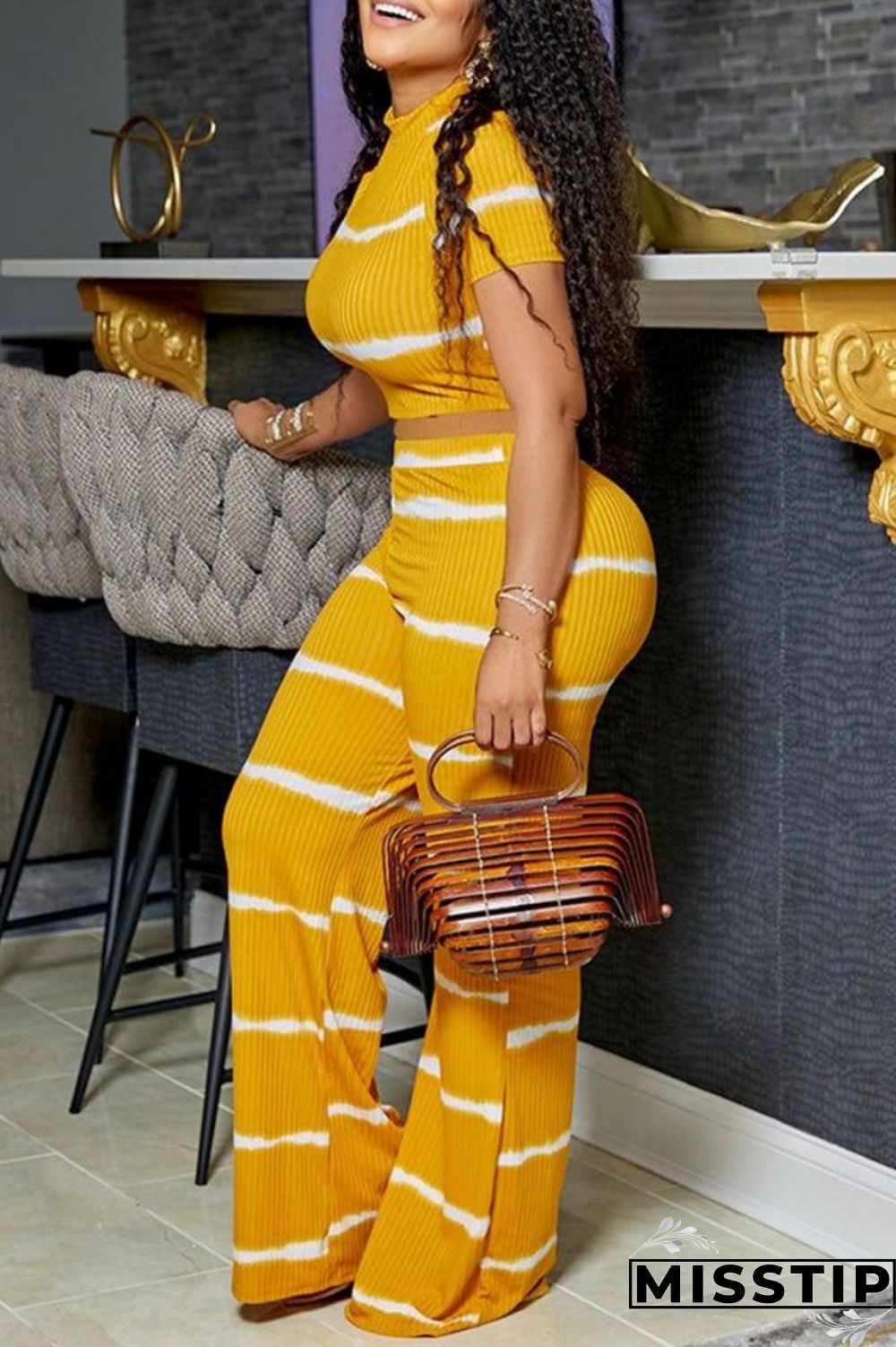 Black Casual Striped Print Basic O Neck Short Sleeve Two Pieces